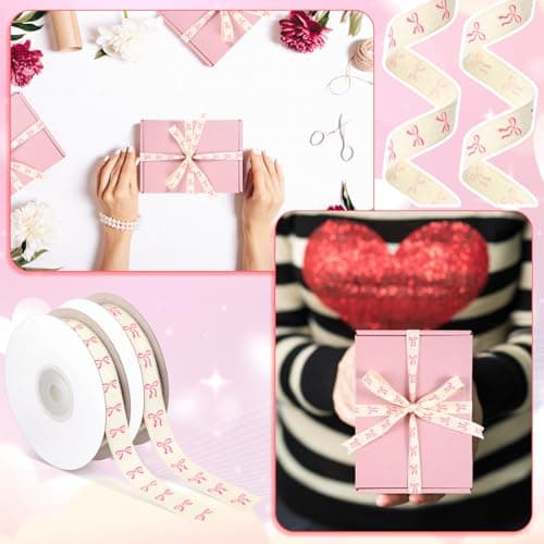 Wavwavw 20 Yards Pink Bow Ribbon, Natural 5/8 Inch 100% Cotton Herringbone Twill Fabric Ribbon Decorations for Crafts Gifts Wrapping, 2 Rolls 6
