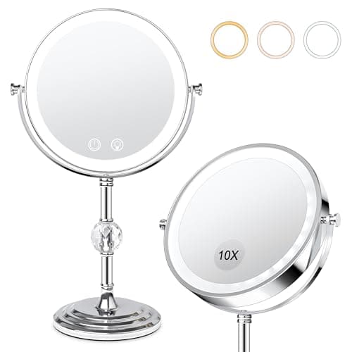 Telihopin Lighted Makeup Mirror, Brightness Adjustable, 4000 mAh Rechargeable Double Sided Magnifying Mirror 1x/10x with 3 Colors, 360° Rotation Vanity Mirror, Memory Function, Women Gift