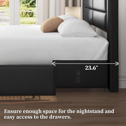 Yaheetech Queen Size Bed Frame Platform with 2 USB Charging Station/Port for Type A&Type C/3 Storage Drawers, Leather Upholstered with Headboard/Solid Wood Slat Support/No Box Spring Needed/Black 6