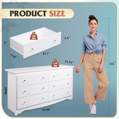 WLIVE White Dresser with 6 Drawer, 59“Wide Modern Chest of Drawers for Bedroom, Wood Large Storage Tower Unit, Closet Store Organizer for Living Room, Hallway 3