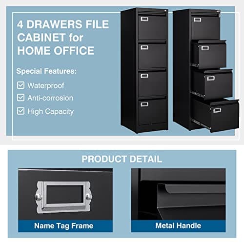PEUKC 4 Drawer File Cabinet, Vertical Filing Cabinets with Lock, Metal File Cabinets for Home Office, Anti-Tip 4 Storage Drawers for Letter/Legal/A4/F4 Size (Assemble Required, Black) 5