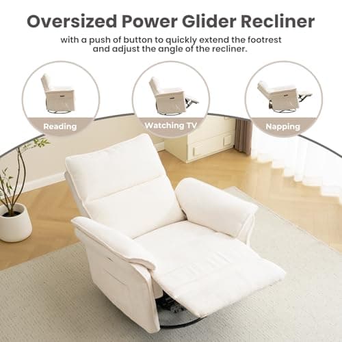 Rhevoy Oversized Power Recliner Chair Swivel Glider with Massage and Heat, Rocker Nursery Recliner for Adults with Adjustable Headrest, 26" Extra Wide Nursery Chair with Overstuffed Armrest,White 5