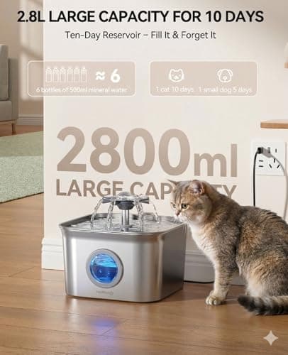 Stainless Steel Cat Water Fountain, 2.8L with 20dB Ultra-Quiet Pump- Ideal for Timid Pets, LED Water Level Window, Dishwasher Safe, 24/7 Circulation- Includes 3 Replacement Filters 7
