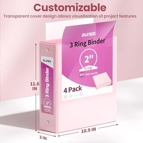 SUNEE 3 Ring Binders 2 Inch 4 Pack, Clear View Binder Three Ring PVC-Free (Fit 8.5x11 Inches) for School or Office Supplies, Assorted Pastel 7