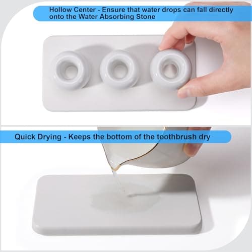Dersyer 3 Pack Mini Ceramic Toothbrush Holder Stand with 1 Pack Water Absorbing Stone for Bathroom Vanity Countertop, Toothbrush Organizer, White 4