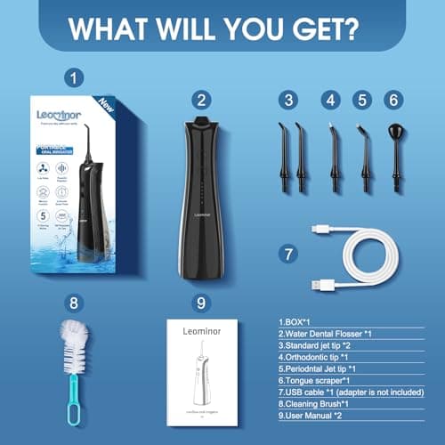 Leominor Water Dental Flosser - 5 Modes Cordless Portable Oral Irrigator, IPX7 Waterproof, Rechargeable Teeth Cleaner Upgrade Datchable Tank Professional Flossing Cleaning Pick for Home Travel (Black) 8