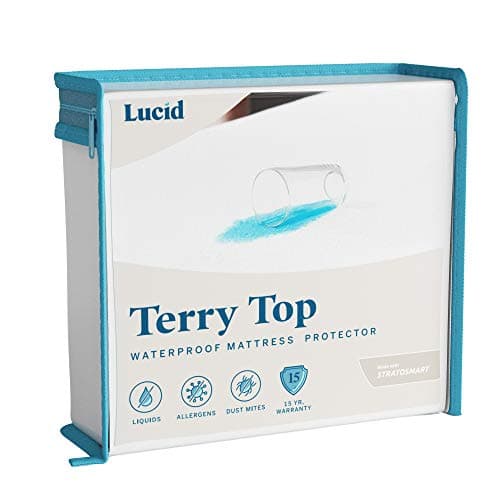 LUCID Premium Waterproof Mattress Protector, Queen Size – Fitted Sheet Style, Machine Washable – Cotton Terry Top Cover – Dorm Room Essential – White