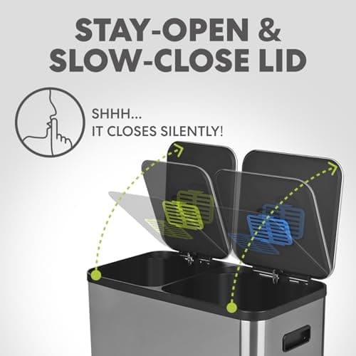 Simpli-Magic 18.5 Gallon (40L x 30L) Dual Compartment Step Trash Can – Kitchen Garbage Can with Waste & Recycling Bins – Slow-Close Lid, Odor Control, Hands-Free, Stainless Steel 6