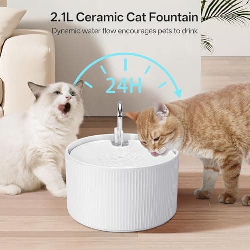 Upgrade Ceramic Cat Water Fountain, 2.2L/78oz Ceramic Cat Fountain, Automatic Ceramic Water Fountain for Cats, Pet Water Fountain with Ultra-Quiet Pump (White) 7