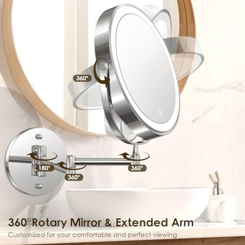 MNIENT Wall Mounted Lighted Makeup Mirror, 8" Rechargeable Double-Sided Light up Magnifying Mirror 1x/10x, 3 Colors Led Vanity Mirror with Lights, Touch Dimmable 360° Rotation Foldable 6