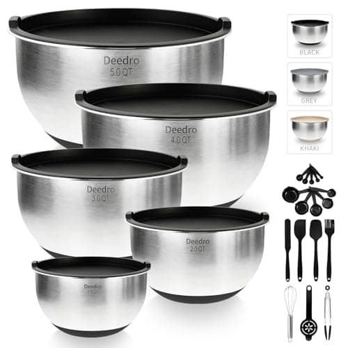 Deedro Premium Mixing Bowls with Airtight Lids Set, 22Pcs Thicker Stainless Steel Mixing Bowl Set, Large Prep Metal Bowls, Non-Slip Silicone Base Nesting Bowls for Kitchen, 1.5/2/3/4/5 QT, Black