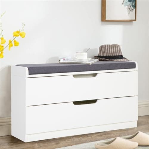 MAISON ARTS Shoe Storage Bench with Padded Seat Cushion, Premium MDF Benches with 2 Drawers for Entryway, Hallway, Bedroom - White