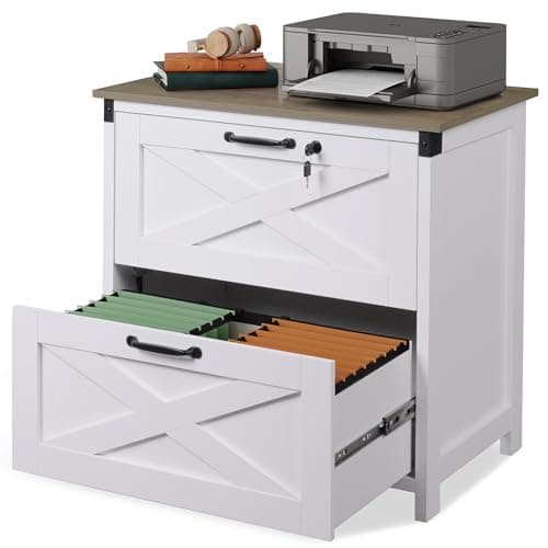 DEVAISE 2 Drawer Farmhouse File Cabinet with Lock, Lateral Filing Cabinet for Letter/Legal/A4 Size, Wood Printer Stand for Home Office, White