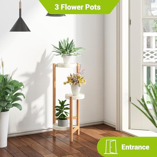 BMOSU Plant Stand For Indoor Outdoor Bamboo 3 Potted Holder Shelf Plant Rack Plants Corner Plant Shelf Plant Display Rack(White) 6
