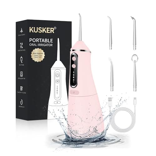 Water Dental Flosser Cordless, KUSKER 500ML Portable Oral Irrigator for Teeth, 5 Modes and 4 Jet Tips, IPX7 Waterproof, Rechargeable for 30-Days Use, Home, Travel, Braces(Warm Pink)