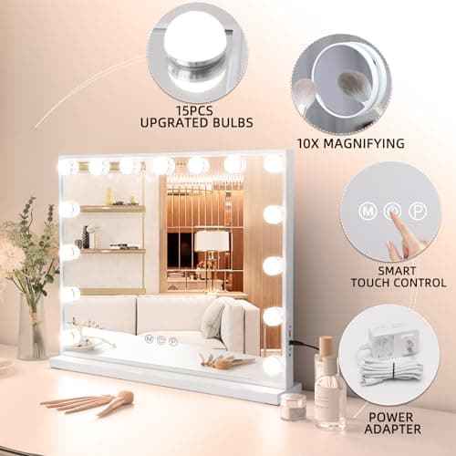 Fenair Vanity Mirror with Lights 22.8"x 18.1" Makeup Mirror with Lights and 15 Dimmable Bulbs,3 Colors Modes,Hollywood Mirror with USB Charging Port and 10X Detachable Magnification Mirror 6
