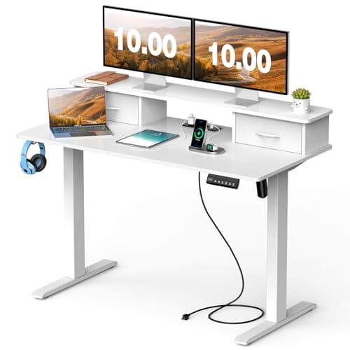 Mr IRONSTONE White Standing Desk 47" Height Adjustable Electric Standing Desk with 3 AC Outlets & 2 USB Ports Sit Stand Desk with 2 Drawers & Large Monitor Stand Stand up Desk for Home Office