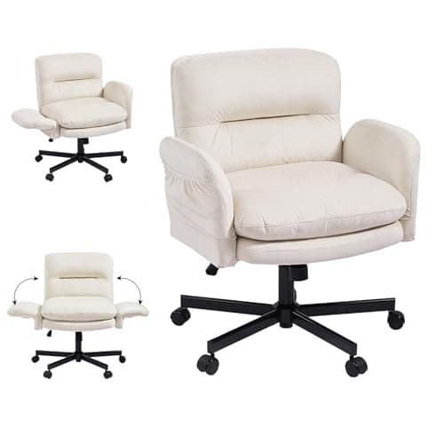 Bestier Criss Cross Office Chair with Flip-Up Arms, Vanity Comfy Chair with Thick Cushion & Wheels, Cross Legged Office Chair for Home Office, Bedroom, Beige Velvet