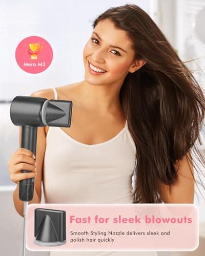 Ionic Hair Dryer - Mera M3, Professional Frizz-Fighting Blow Dryer, 5-Minute Fast Drying, Quiet Lightweight Travel Hairdryer with Snap-On Concentrator for Women 5