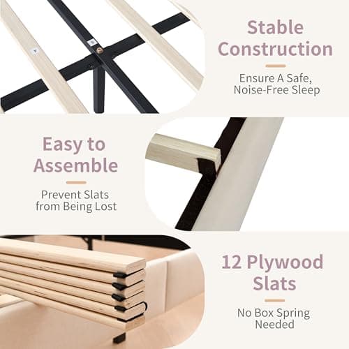 QNZK Queen Size Upholstered Platform Bed Frame with Modern Wingback & Vertical Panel Headboard, Velvet Fabric, Wooden Legs & Slats Support, No Box Spring Needed, Noise-Free & Easy Assembly, Cream 7