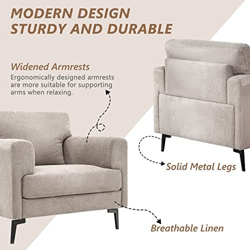 CDCASA Accent Chair, Linen Fabric Oversized Mid Century Modern Chair Set of 1, Comfy Upholstered Armchair Reading Accent Chairs Sofa Chairs for Bedroom Living Room, Light Brown 7