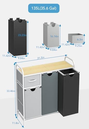 Yecaye Laundry Sorter 3 Section, Laundry Hamper with Shelf and 1 Drawer, 35.7Gal(135L) Clothes Basket Organizer, Pull-Out and Removable Oxford Fabric Laundry Bags for Laundry Room, Bedroom, Bathroom 7