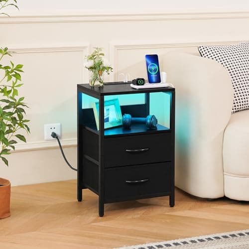 Yoobure Nightstand with Charging Station, LED Night Stand with Fabric Drawers and Storage Shelf for Bedroom, Nightstands Bedside Tables with USB Ports & Outlets, Small Night Stands, Bed Side Table 9