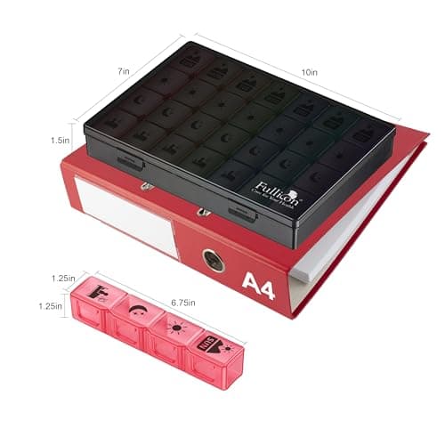 Extra Large Weekly Pill Organizer 4 Times a Day, Fullicon XXL Large Pill Box, 7 Day Medicine Organizer, Black Pill case for Vitamin/Fish Oil/Supplements 7