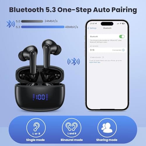 Wireless Earbuds, Bluetooth 5.3 Headphones in Ear with HiFi Stereo Deep Bass, Wireless Earphones 40H Playtime, Bluetooth Earbuds 4 ENC Noise Canceling Mic, LED Display IP7 Waterproof 5