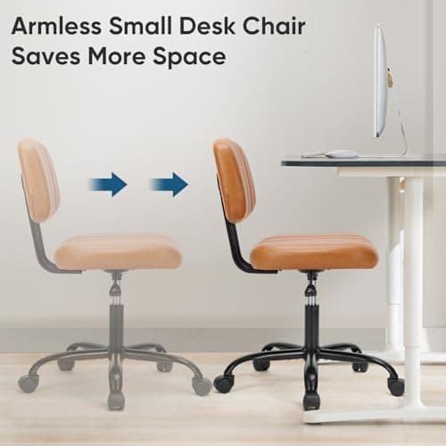 DUMOS Armless Home Office Desk Chair -Small Ergonomic with Low Back Lumbar Support, Height Adjustable PU Leather Computer Task with 360° Swivel Rolling Wheels, for Small Space, Brown 6