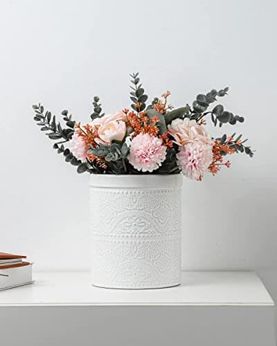 FUN ELEMENTS Kitchen Utensil Holder, 7.2" Super Large Utensil Crock Heavy and Stable Lace Emboss Ceramic Utensil Holder for Kitchen Counter (Bright White) 6