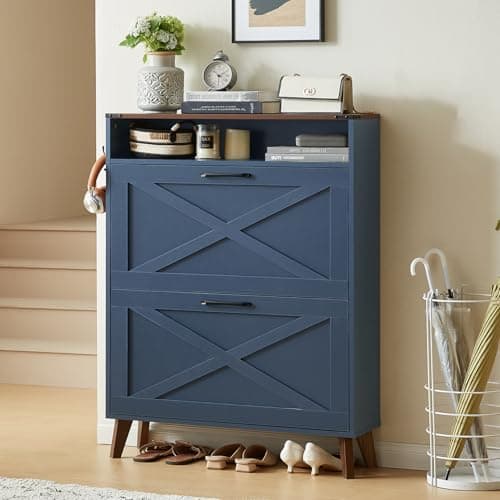 Joaxswe Shoe Storage Cabinet with 2 Flip Drawers, Farmhouse Shoe Organizer for Entryways, Narrow Hidden Rack & Open Storage, Free Standing Closet for Foyers, Hallways, Navy Blue