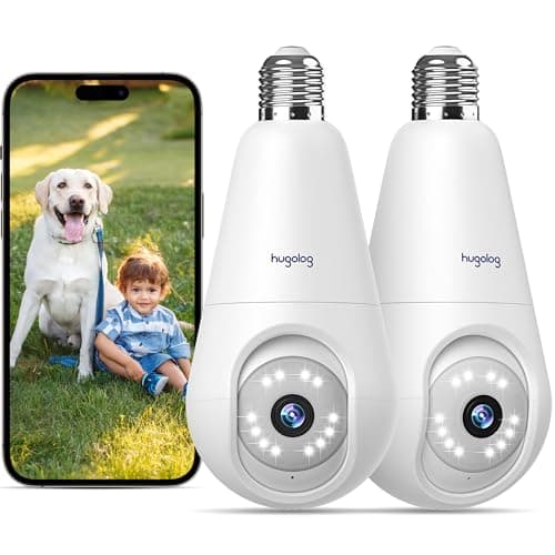 Hugolog 2K Light Bulb Security Cameras Wireless Outdoor-2.4GHz Cameras for Home Security Indoor with AI Motion Detection,Clear Color Night Vision,360°Auto Tracking,Siren Alarm,24/7 Recording