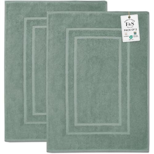 Feather & Stitch 2 Piece Towel Like Bath Mats (30x21 Inch) 100% Cotton Terry Bath Mats, Bathroom Shower Floor Mats [NOT A Bathroom Rug], Soft Absorbent Washable Mats (Granite Green)