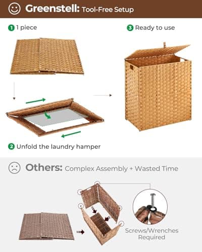 Greenstell Laundry Hamper with lid, No Install Needed, 110L Wicker Laundry Baskets Foldable 2 Removable Liner Bags, 2 Section Clothes Hamper Handwoven Rattan Laundry Basket with Handles, Natural 6