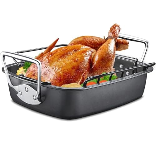 HONGBAKE Nonstick Turkey Roasting Pan with Rack, 19 x 14.5 Inch Large Chicken Roaster Pan for Oven, Suitable for 25lb Turkey, Heavy Duty, Dark Grey