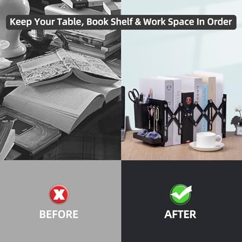 ALKALO Adjustable Bookends, 19" Metal Book Ends for Heavy Books, 2 Dividers Bookends with Removable Pen Holder, Tray, and 3 Hook-up, Book Organizer for Office, School, Bookstore, Home 6