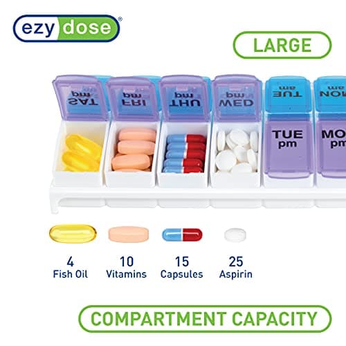 EZY DOSE Weekly AM/PM Pill Organizer, 7-Day Vitamin Container and Daily Medication Box with Large Pop-Out Compartments, 2 Times a Day Pill Holder, Blue and Purple Lids, Travel-Friendly Design 3
