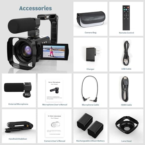 CUTELULY 4K Video Camera Camcorder 48MP UHD 60FPS WiFi IR Night Vision Vlogging Camera for YouTube 16X Digital Zoom Camera with External Microphone, Lens Hood, Stabilizer, Remote Control, 2 Batteries 8