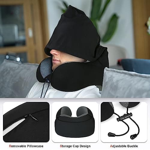 Cirorld Neck Pillow for Travel, Memory Foam Travel Pillow with Hood, Adult Airplane Pillow for Head Rest Neck Support, Portable Pillow for Office Cars Trains Long Flights Sleeping (Black) 6