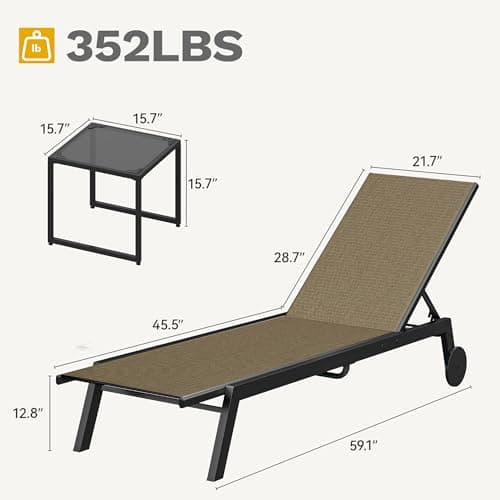 DWVO Outdoor Chaise Lounge Set, 2 Patio Chaise Lounge Chairs with Side Table, Textile Pool Loungers with 5-Level Backrest and Wheels for Beach, Lawn, Porch, Garden (Brown) 7