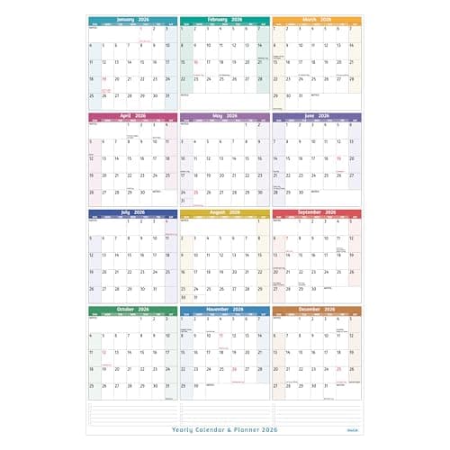 2026 Yearly Wall Calendar - Large Yearly Calendar 2026, Jan 2026 - Dec 2026, 25.2'' x 38.2''(Open), 2026 Calendar 12 Months, Yearly Wall Calendar 2026 with To-do Lists, Notes, Stickers, All At One Page