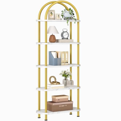 HOOBRO 5 Tier Open Bookshelf, Industrial Arched Bookcase Display Shelf Rack, Wooden Bookcase Storage Shelf Metal Frame, Tall Storage Organizer for Home, Easy Assembly, Gold DM176SJ01