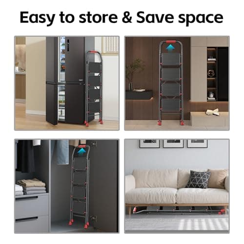 Step Ladder Foldable Folding Stool - for Home Adults Kitchen 4 Stepping Extension Tall Heavy Duty with Handrails - Closet Stepstool Stair Ladders Extendable Stepladder for Indoor House 600Lbs 6