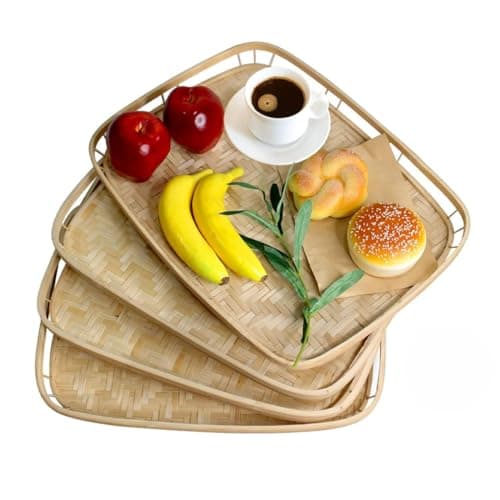 PEMAR Set of 4 Bamboo Wicker Serving Trays for Foods & Drinks, Rectangular Breakfast Lap Trays with Handles Wooden Decorative Platters for Coffee Table, Bed Eating