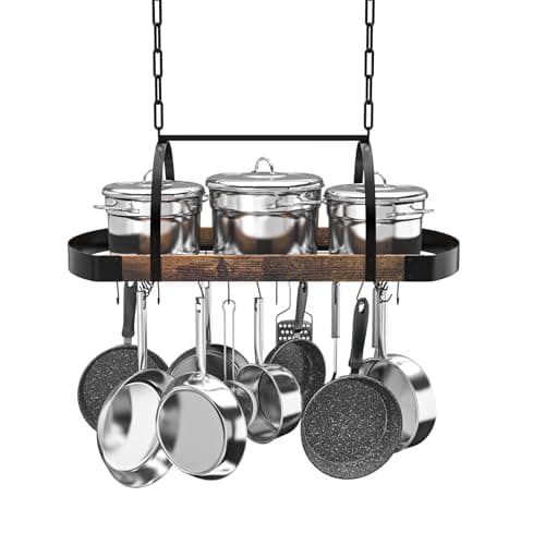 Chloraeon Hanging Pot Rack,32-Inch Ceiling Pot Rack for Kitchen,Space-Saving Pot Hanger with 16 Detachable S Hooks,Sturdy Metal Frame,Industrial Style,for Pot, Pan Storage,Space-Saving