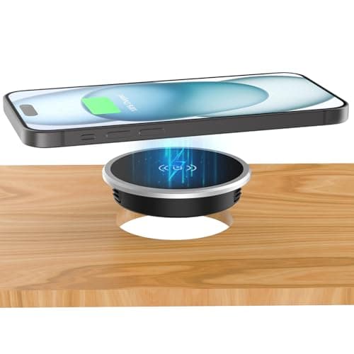 Wireless Magnetic Charger Desk Mount 15W Fast Charger for iPhone 17 16 Pro Max 15 14 13 12 Series,Magnet Qi Charging Pad/Station for AirPods,Recessed Hidden Under Desktop Hole Save Nightstand Space