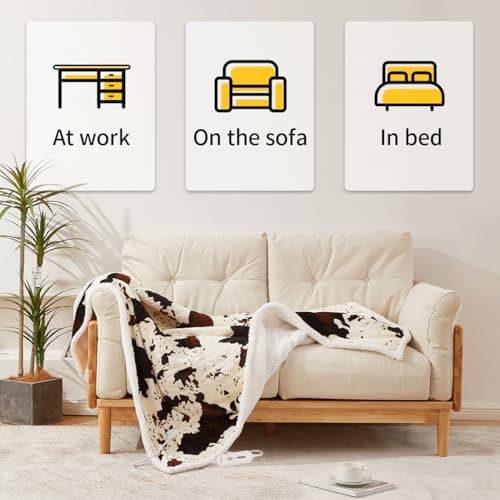Cow Print Electric Blanket Heated Throw Blanket with 3 Heat Settings & 4-Hour Auto Shutoff, Fast Heating, Soft Flannel & Sherpa Fleece, Machine Washable, 50 x 60 Inches (Beige Cow Stripes, Throw) 3