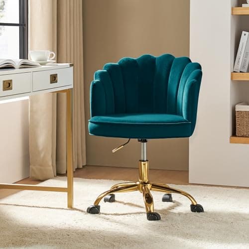 HULALA HOME Velvet Home Office Chair with Gold Base, Womans Modern Cute Shell Back Upholstered Desk Chair for Vanity, Adjustable Swivel Task Chair for Living Room, Teal 9