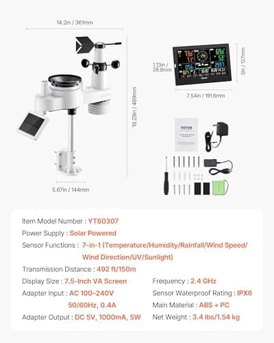 VEVOR 7-in-1 Wi-Fi Weather Station with APP, 7.5-Inch VA Display, Wireless Solar Powered Outdoor Sensor, Rain Gauge, Indoor Outdoor for Weather Forecast, Wind Speed, Temperature, Humidity, Rainfall 6